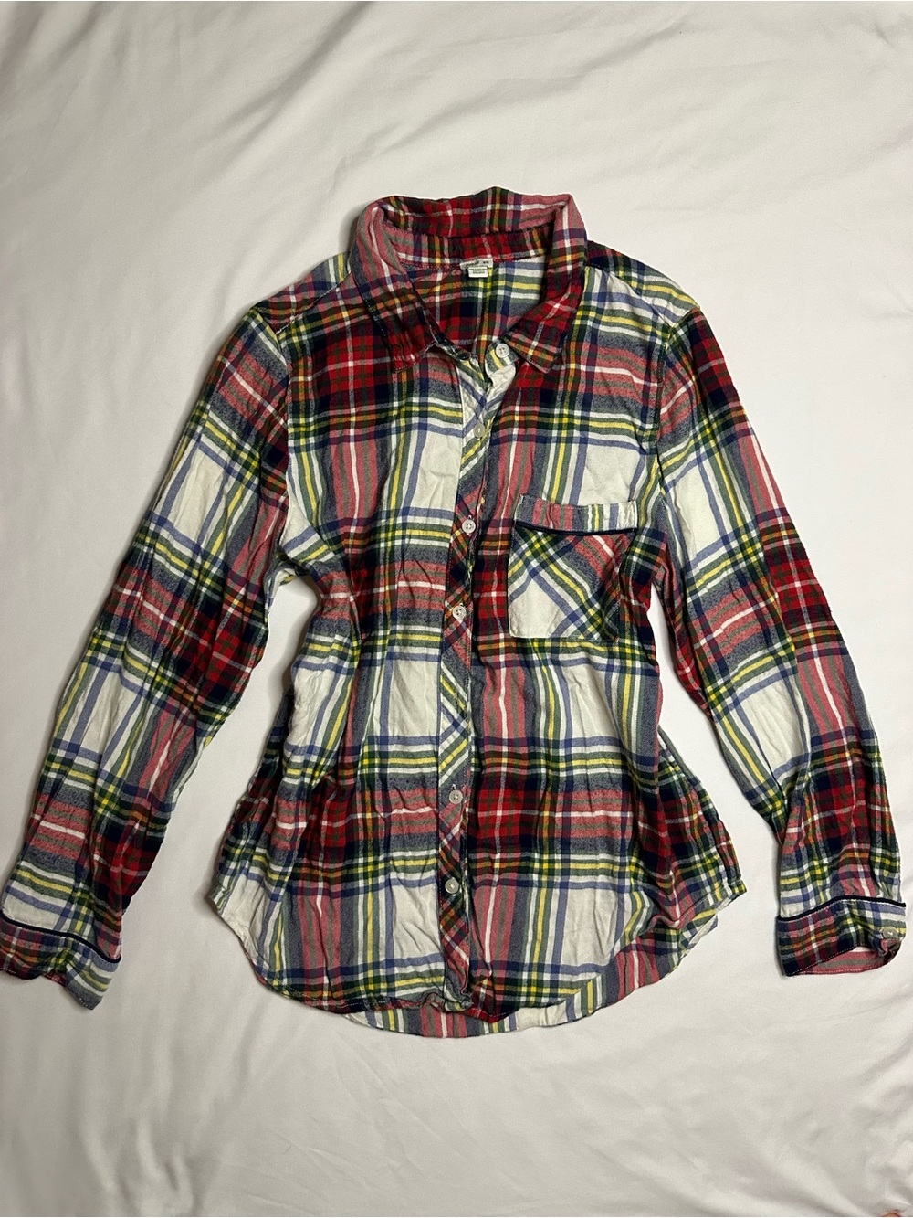 Aerie red, white, blue, and green soft plaid button-up shirt